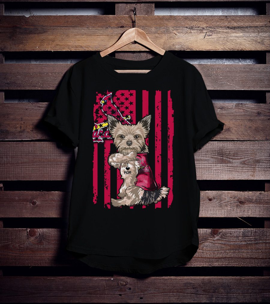 Yorkshire Terrier I Love Mom St. Louis Cardinals Usa Flag Stars Stripes T-Shirt