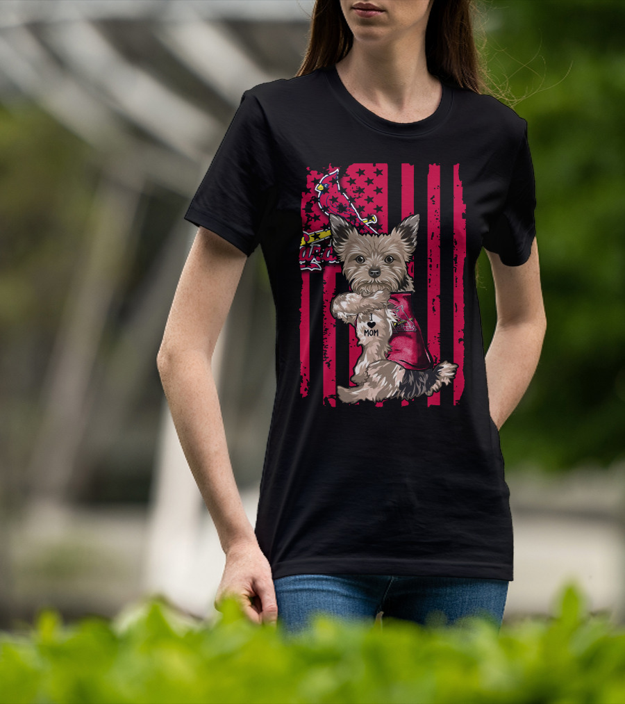 Yorkshire Terrier I Love Mom St. Louis Cardinals Usa Flag Stars Stripes T-Shirt