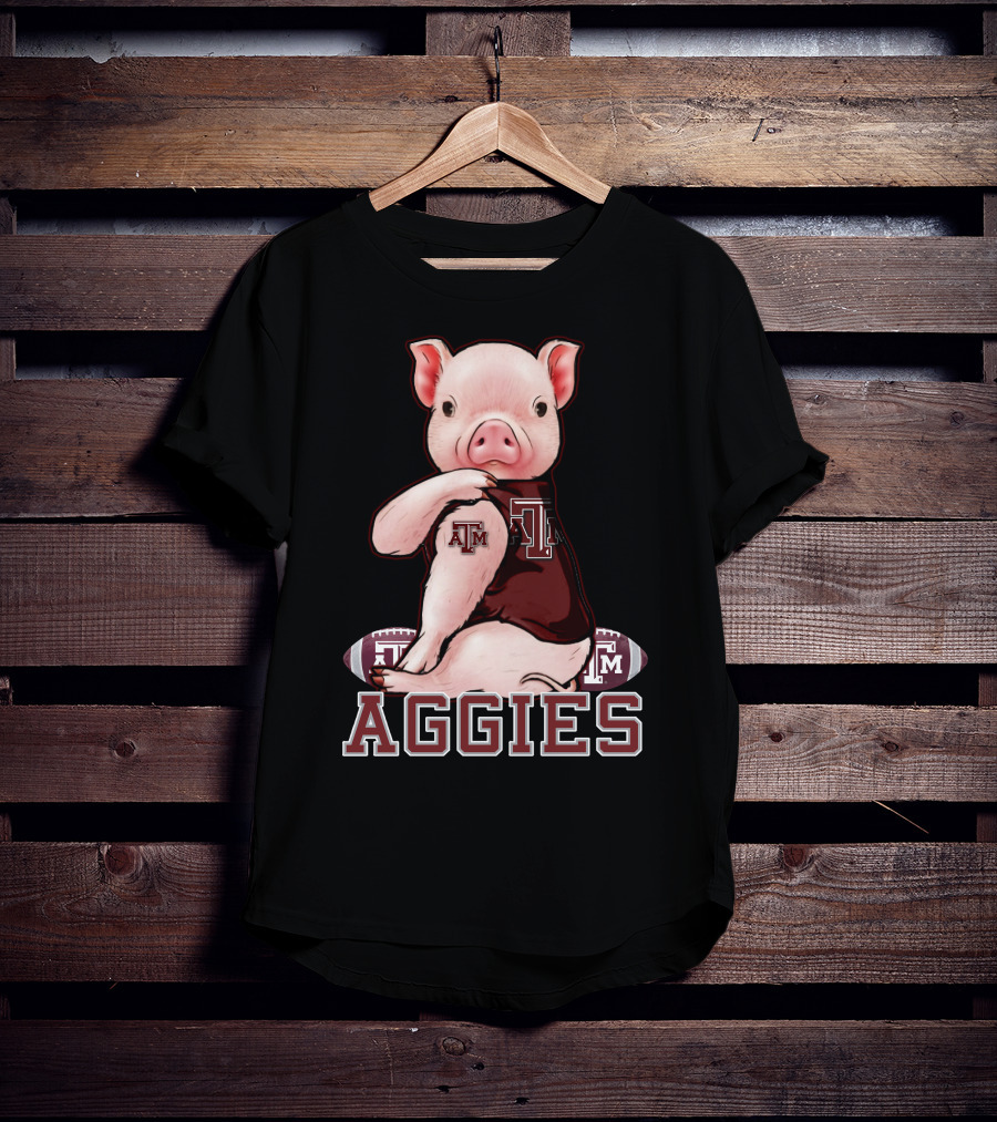 Pig Wearing Texas A&M Aggies Logo Sitting On Aggies Football T-Shirt