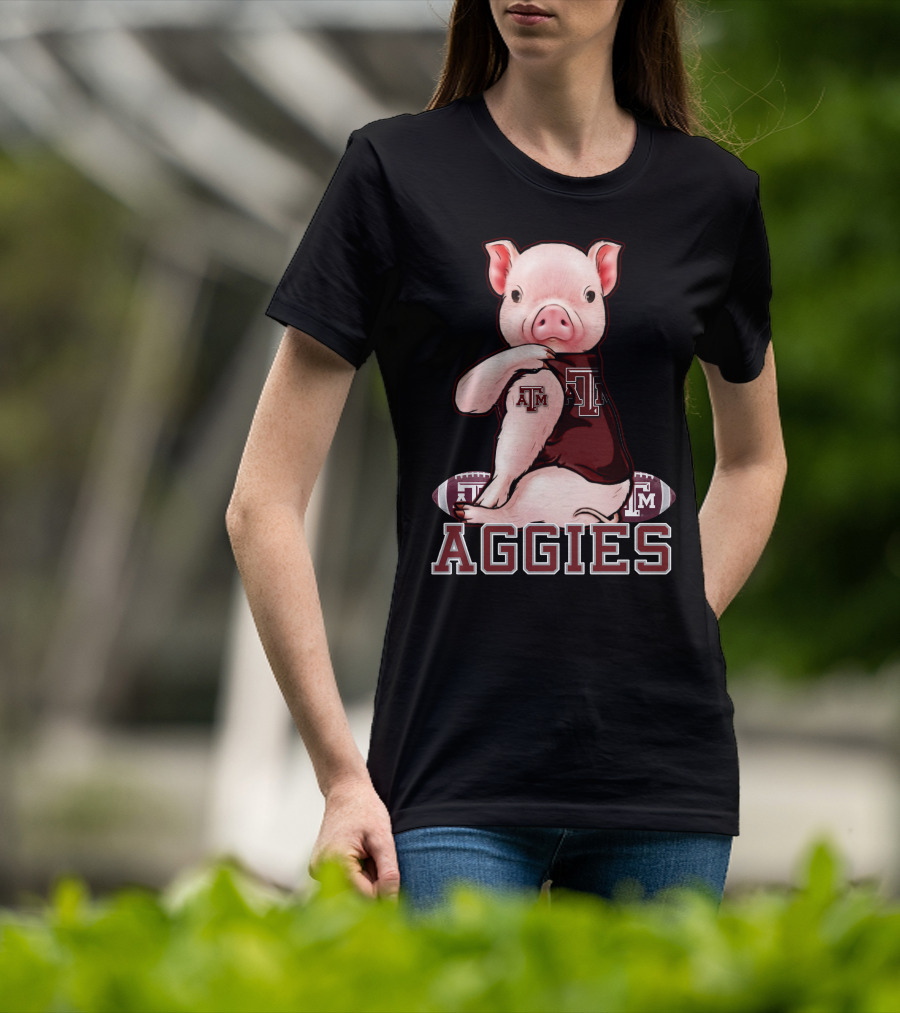 Pig Wearing Texas A&M Aggies Logo Sitting On Aggies Football T-Shirt