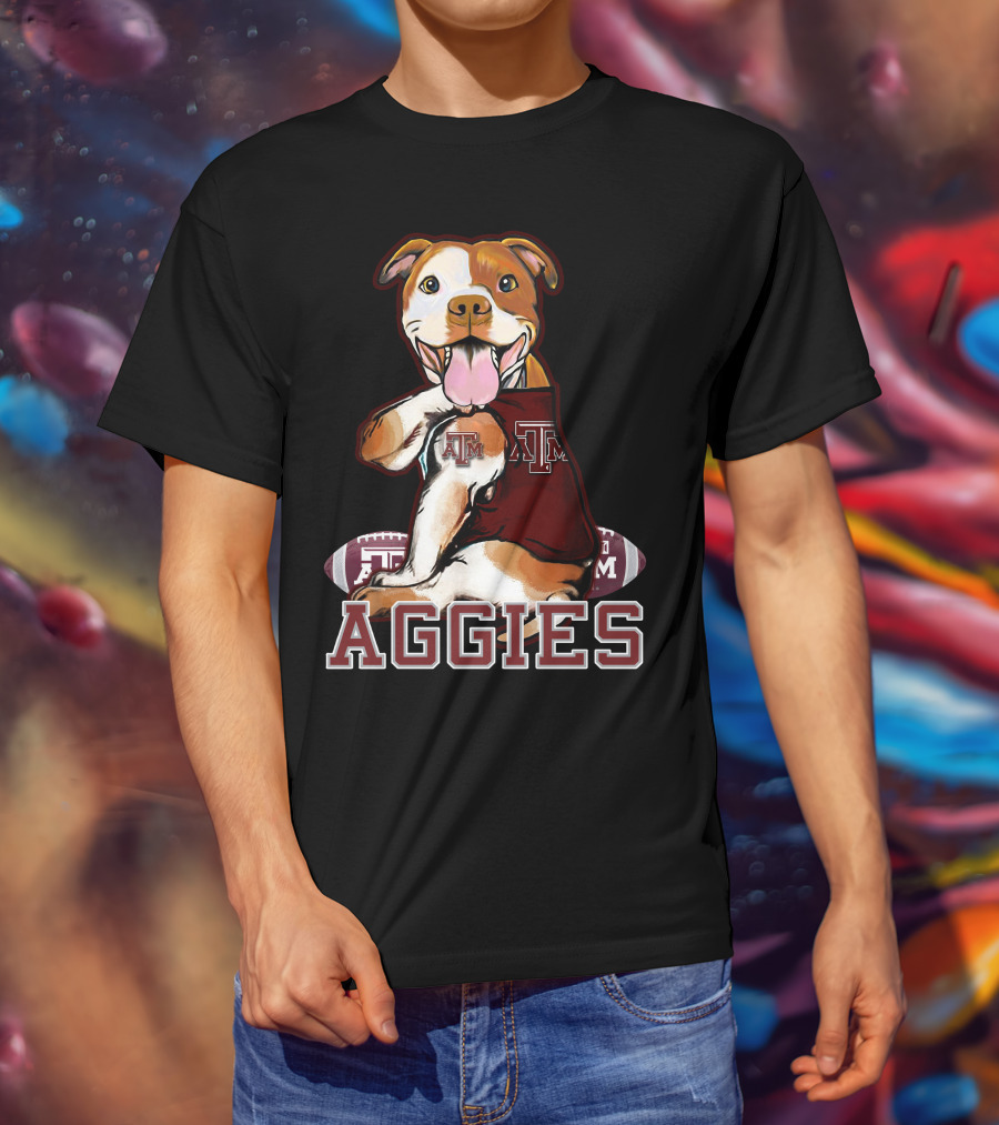 Pitbull Wearing Texas A&M Aggies Logo With Football T-Shirt