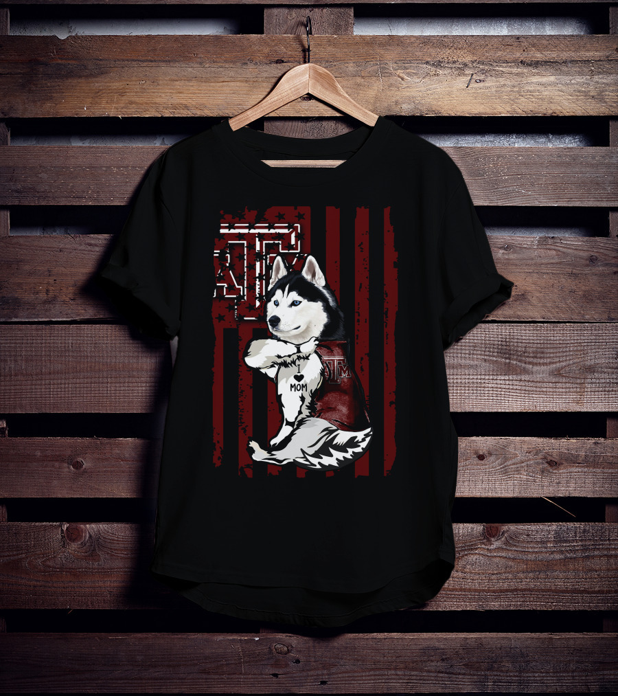 Siberian Husky Texas A&M Aggies Mom American Flag T-Shirt