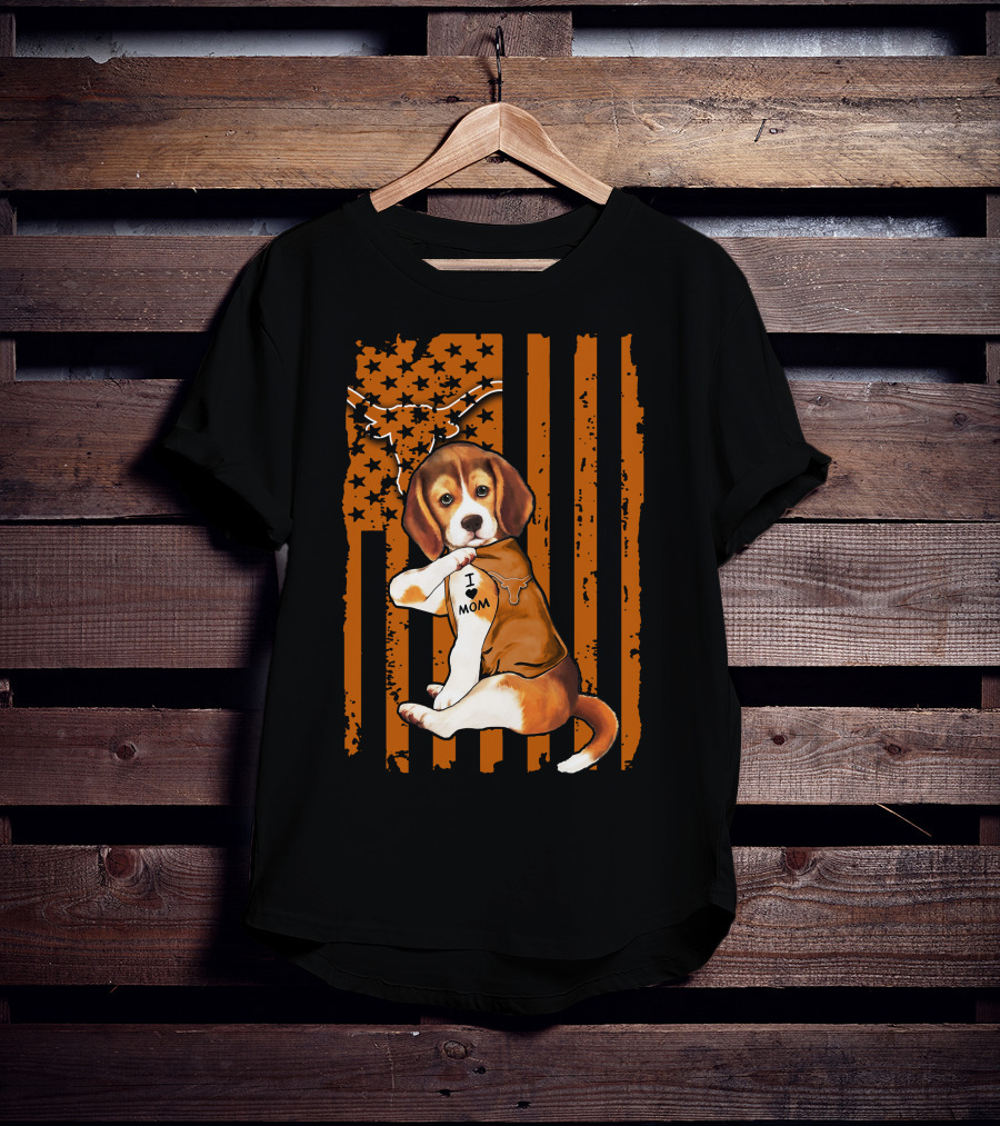 Beagle I Love Mom Texas Longhorns American Flag T-Shirt
