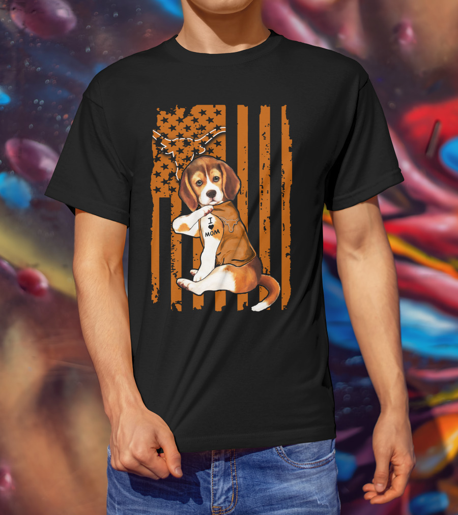 Beagle I Love Mom Texas Longhorns American Flag T-Shirt