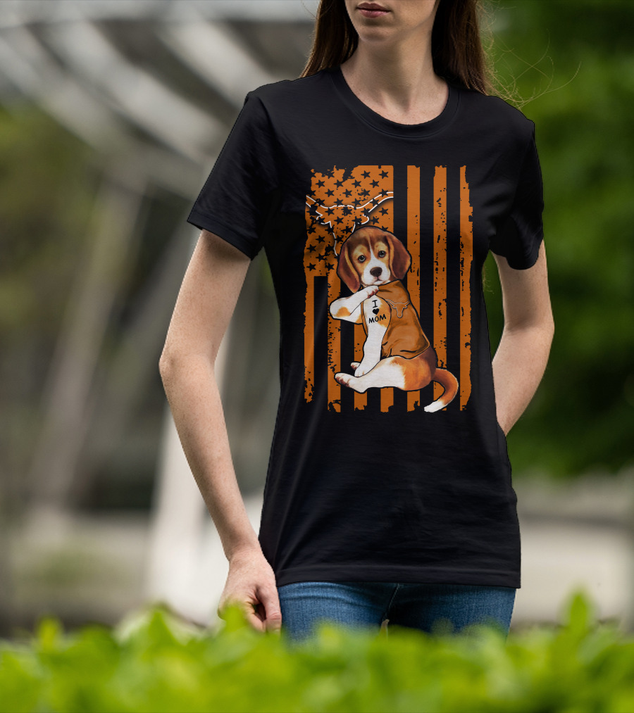 Beagle I Love Mom Texas Longhorns American Flag T-Shirt