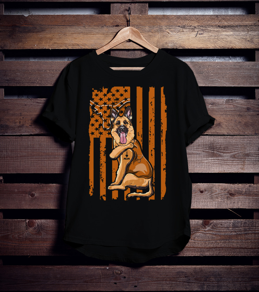 German Shepherd I Love Mom Texas Longhorns American Flag T-Shirt