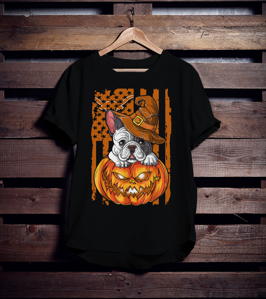 Hlw Bulldog Halloween Pumpkin Wizard Hat Stars Stripes T-Shirt