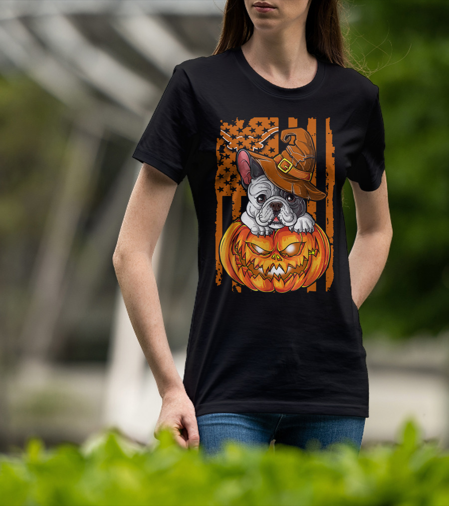 Hlw Bulldog Halloween Pumpkin Wizard Hat Stars Stripes T-Shirt