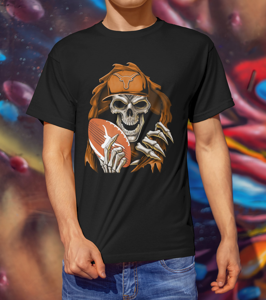 Texas Longhorns Skull With Football And Cap T-Shirt