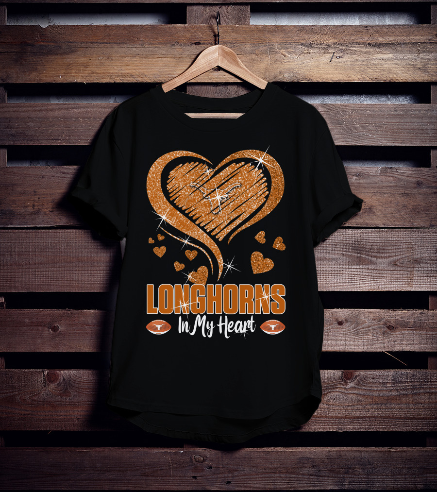 Longhorns In My Heart Glittering Orange With Football Icons T-Shirt