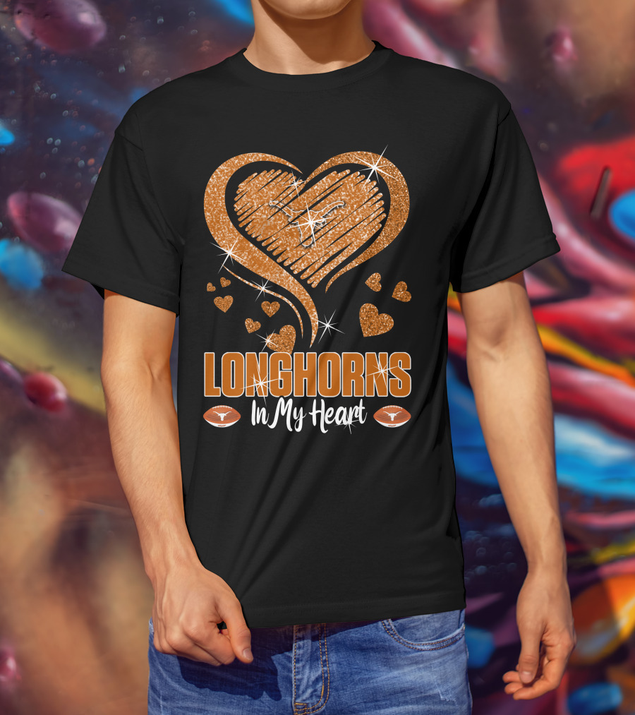 Longhorns In My Heart Glittering Orange With Football Icons T-Shirt