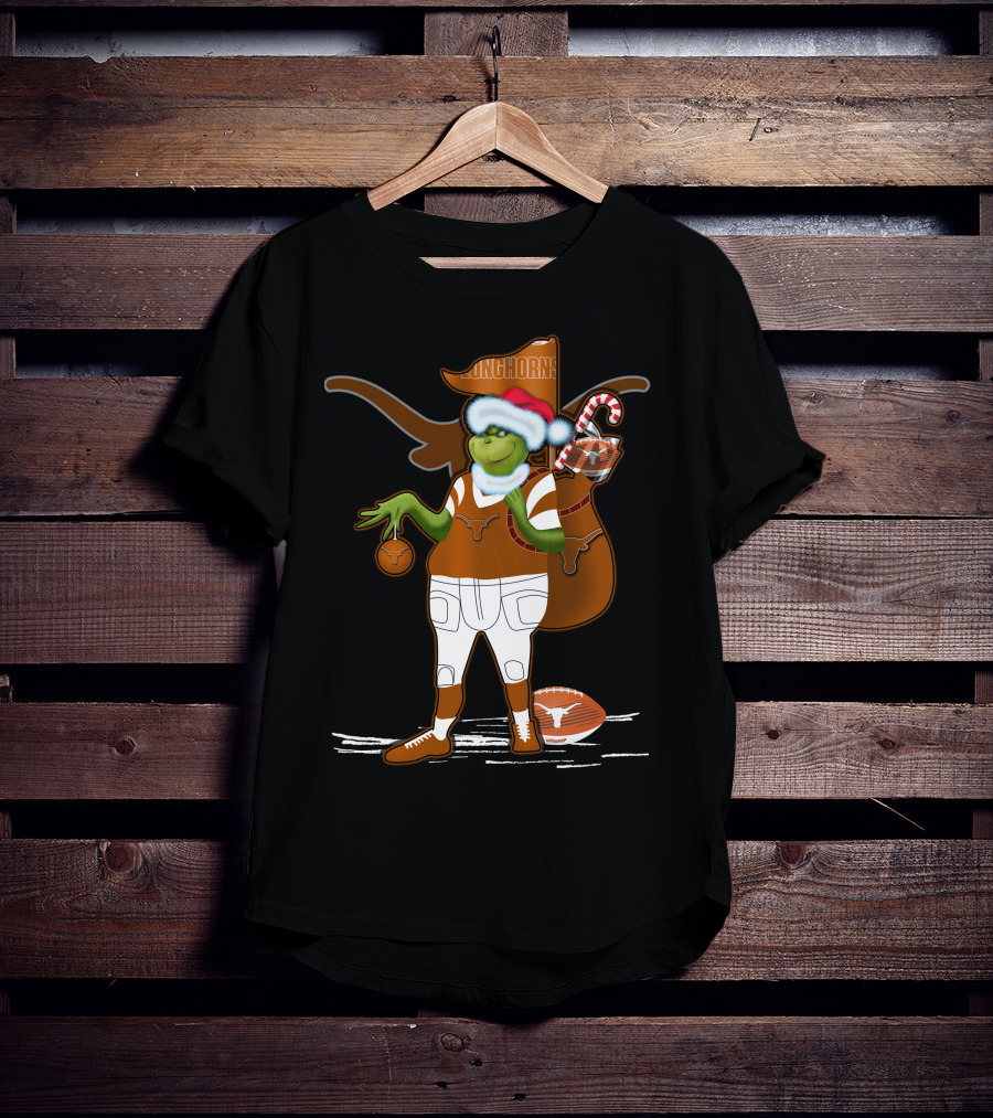 Grinchxmas Longhorns Santa Hat Football Candy Cane T-Shirt