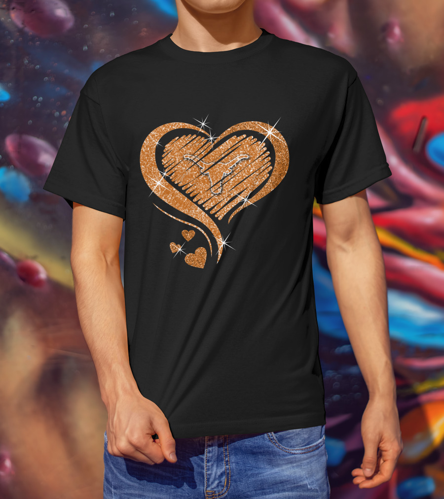 Heart Glittered Texas Longhorns Diamond Shape T-Shirt