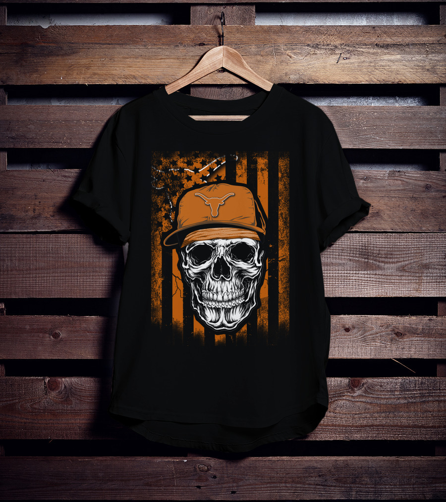 Skull Texas Longhorns Orange Hat Grunge Flag T-Shirt