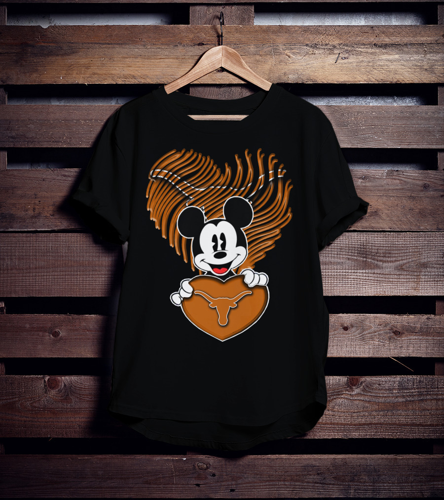 Mick Mouse And Texas Longhorns Heart T-Shirt