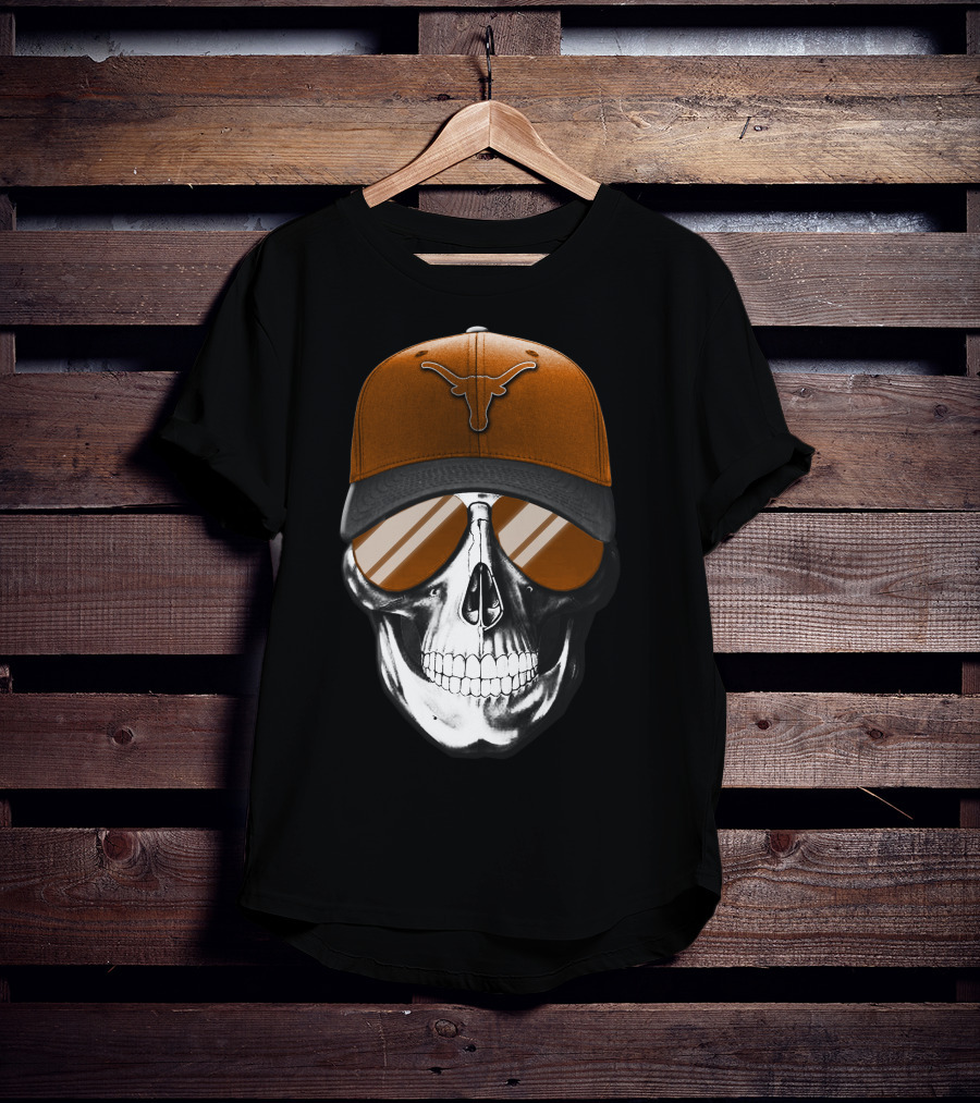 Skull With Texas Longhorns Cap And Sunglasses T-Shirt