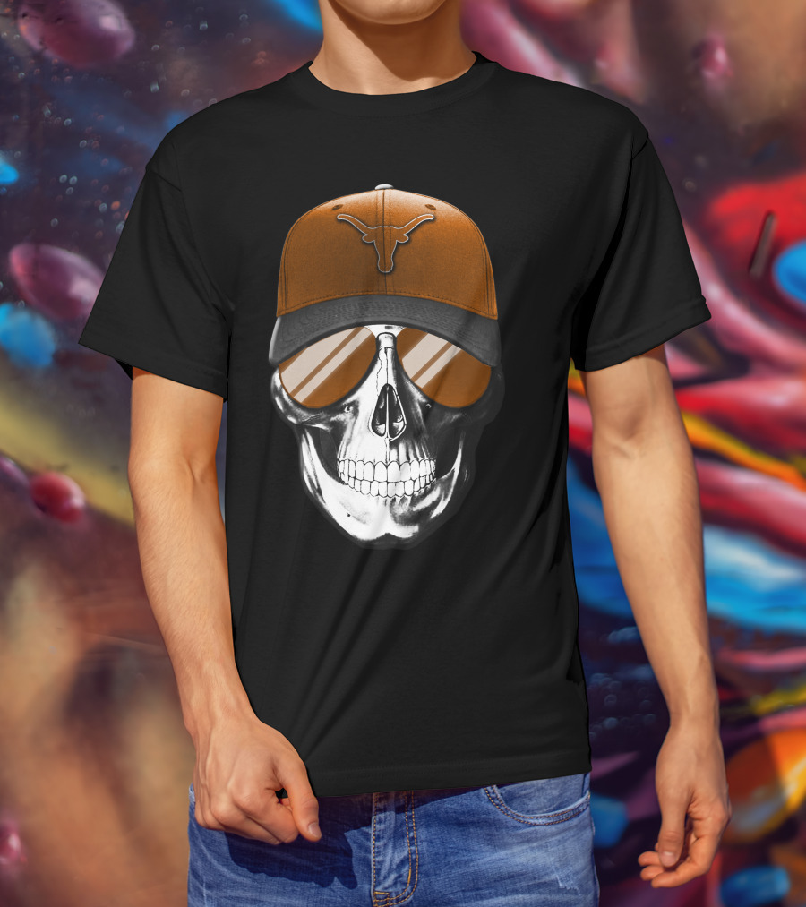 Skull With Texas Longhorns Cap And Sunglasses T-Shirt