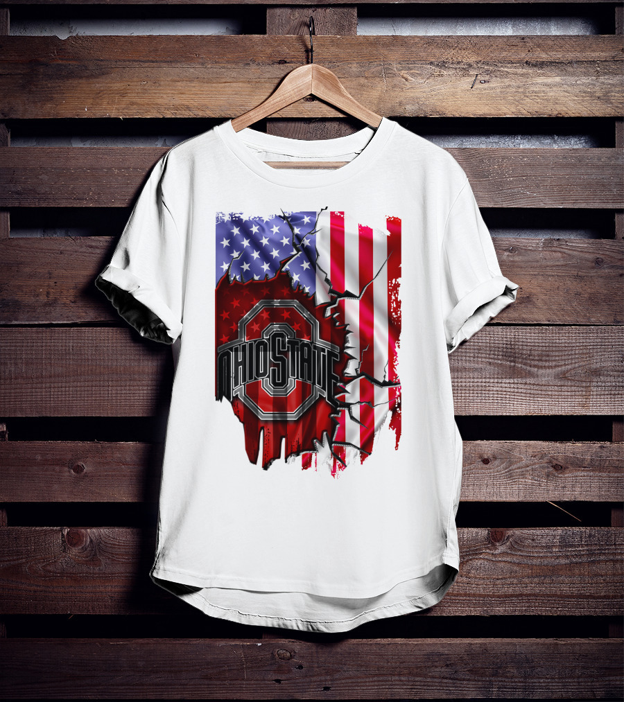 Ohio State Buckeyes Logo With Torn American Flag Background T-Shirt
