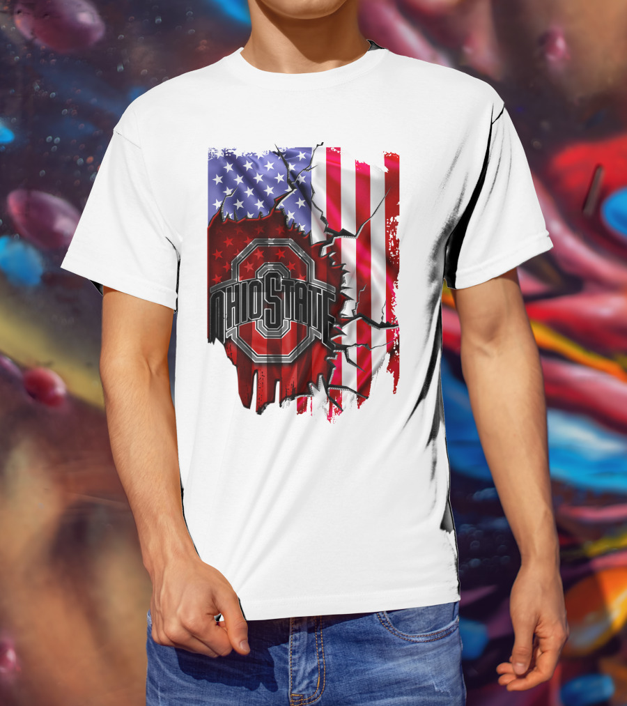 Ohio State Buckeyes Logo With Torn American Flag Background T-Shirt