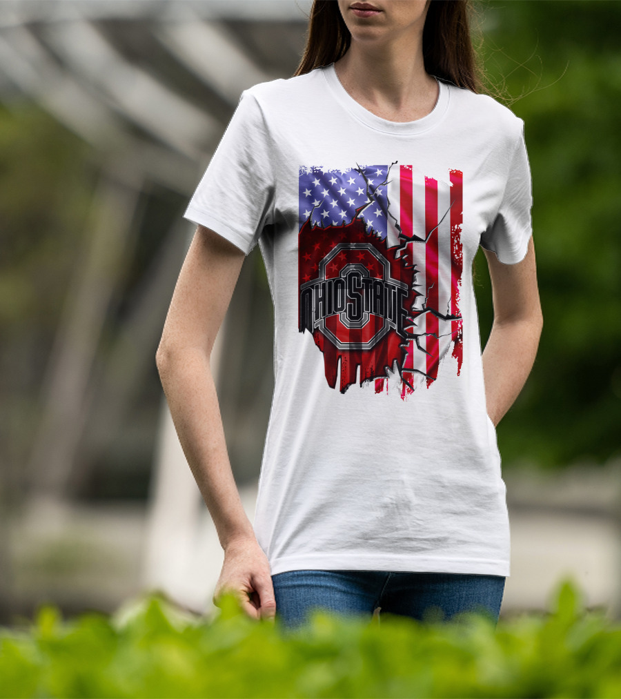 Ohio State Buckeyes Logo With Torn American Flag Background T-Shirt