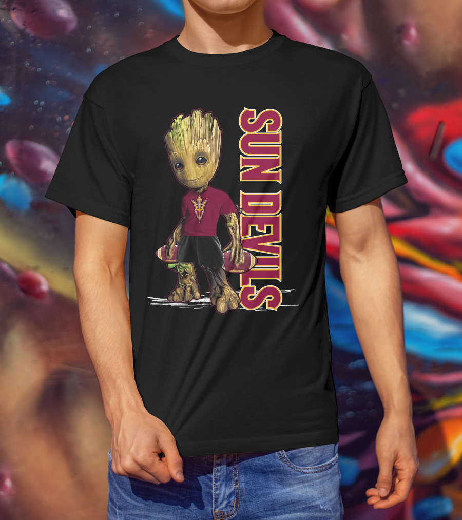 Groot Sun Devils Football Character In Maroon And Gold Team T-Shirt