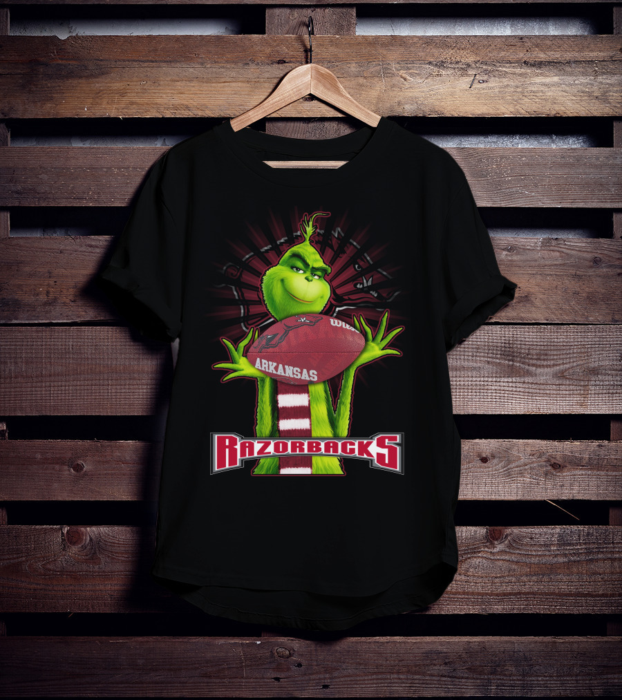 Grinch Holding Arkansas Razorbacks Football T-Shirt