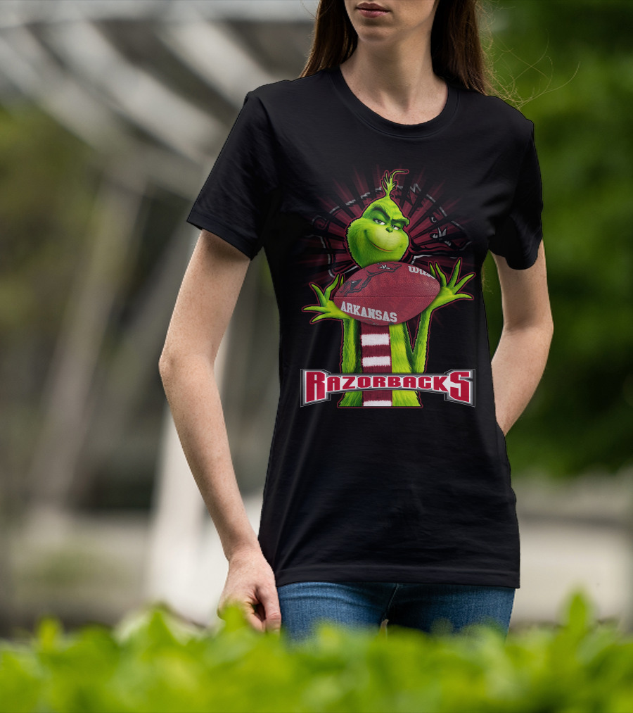 Grinch Holding Arkansas Razorbacks Football T-Shirt