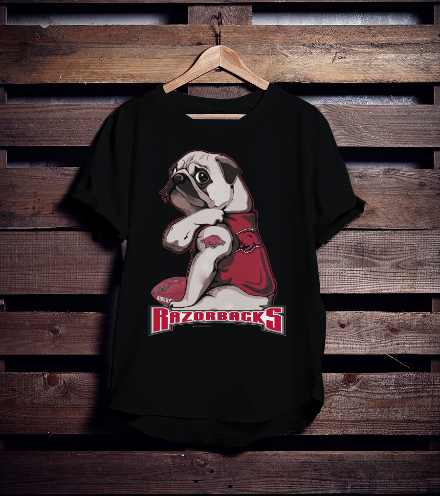 Pug Wearing Arkansas Razorbacks Football Gear T-Shirt