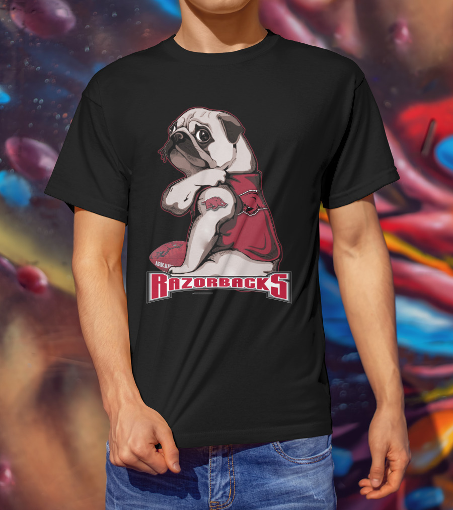 Pug Wearing Arkansas Razorbacks Football Gear T-Shirt