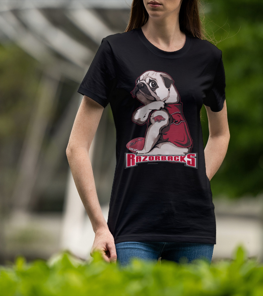 Pug Wearing Arkansas Razorbacks Football Gear T-Shirt