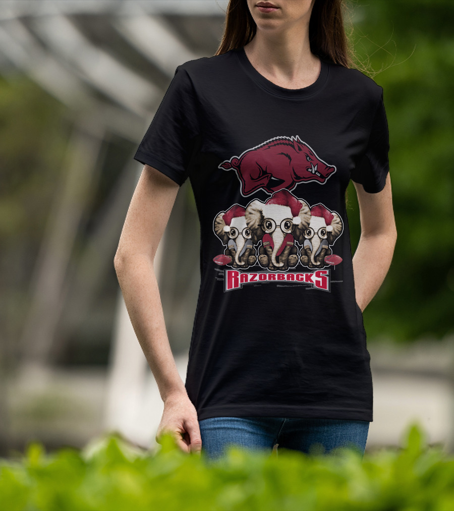 Razorbacks Elephan Xmas With Santa Hat Elephants And Arkansas T-Shirt