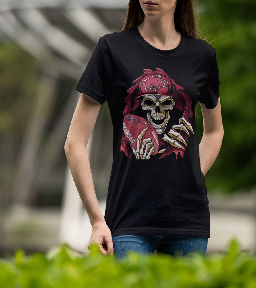 Skullbong Arkansas Razorbacks Skeleton Holding Football With Razorback Cap T-Shirt