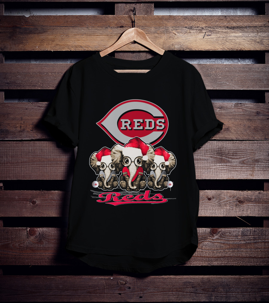 Cincinnati Reds Christmas Elephants In Santa Hats T-Shirt