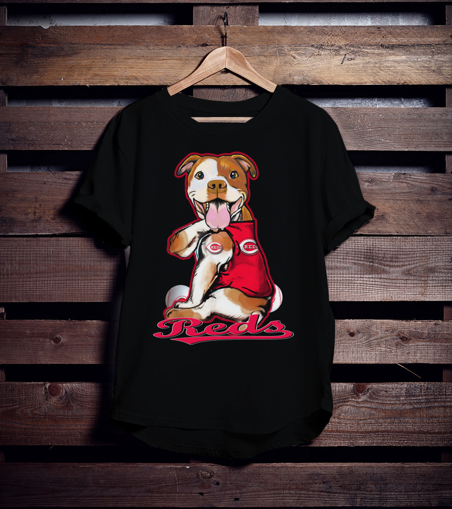 Pittbull Wearing Cincinnati Reds Jersey With Baseballs T-Shirt