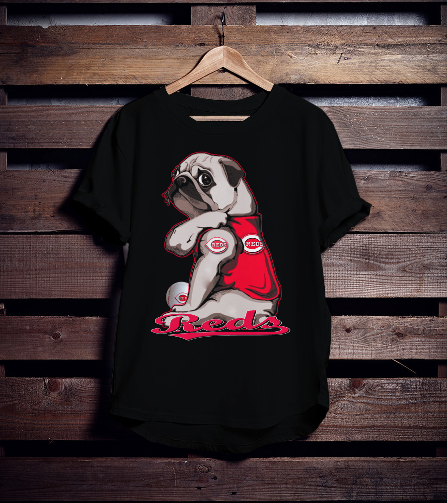 Pug Wearing Cincinnati Reds Jersey With Baseball T-Shirt