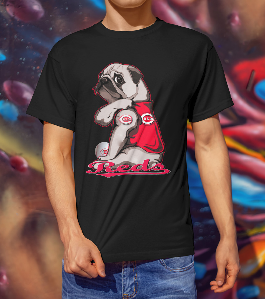 Pug Wearing Cincinnati Reds Jersey With Baseball T-Shirt