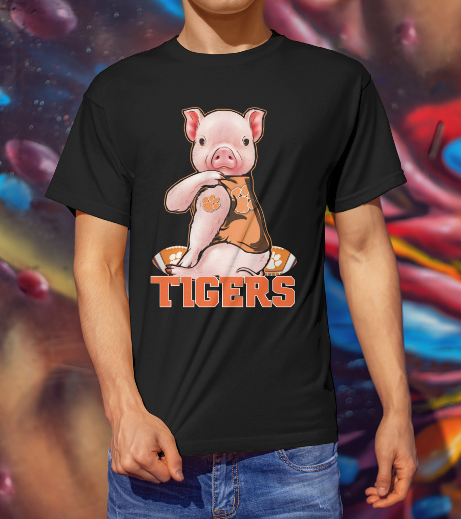 Pig Wearing Clemson Tigers Jersey Football Motif T-Shirt