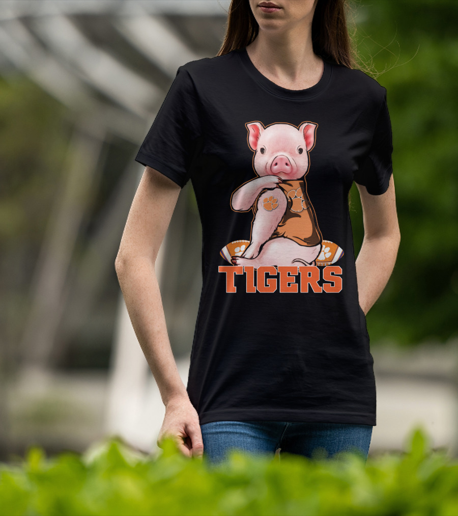 Pig Wearing Clemson Tigers Jersey Football Motif T-Shirt