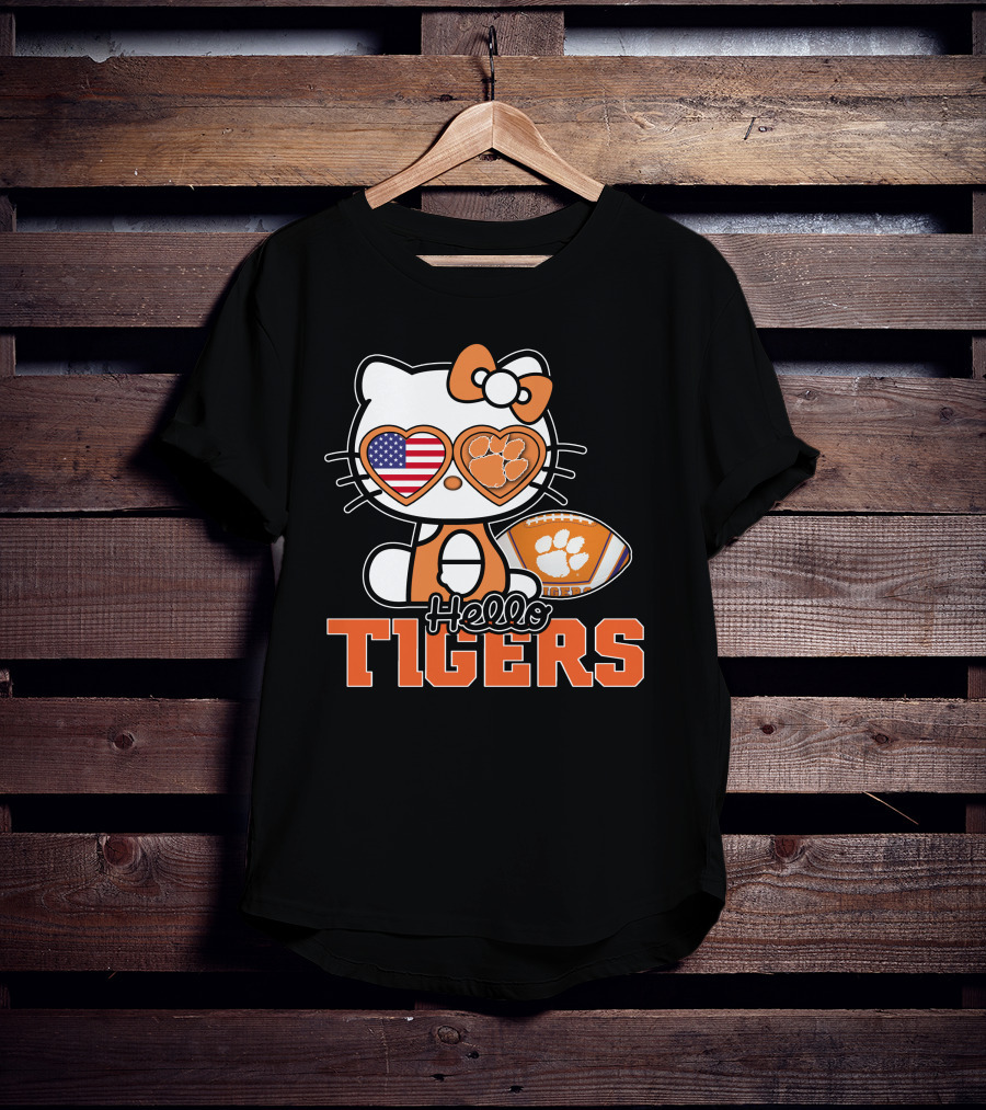 Hello Kitty Clemson Tigers Football USA Bow Paw Prints T-Shirt