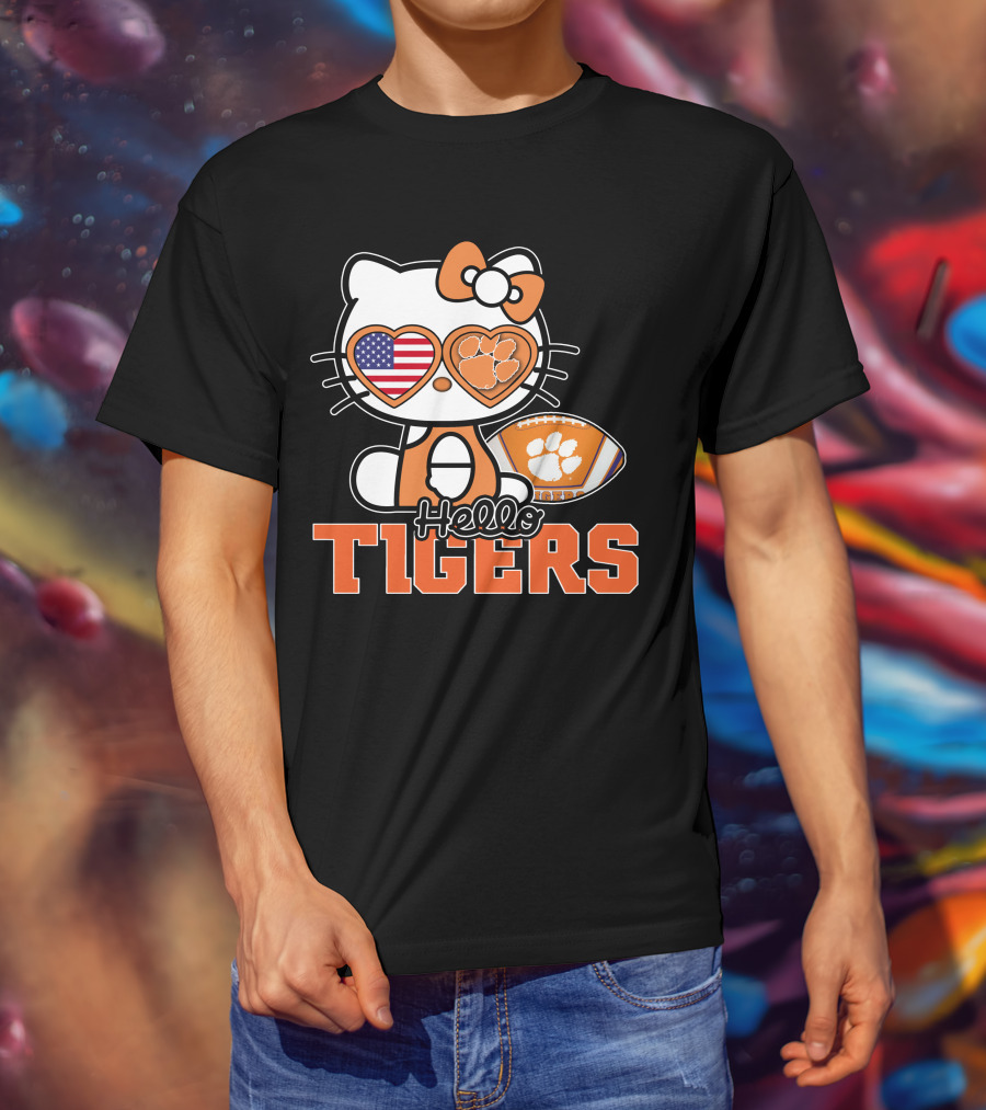 Hello Kitty Clemson Tigers Football USA Bow Paw Prints T-Shirt