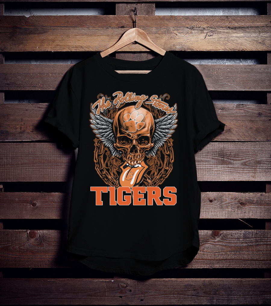 The Rolling Stones Skull With Clemson Tigers Paw And Wings T-Shirt