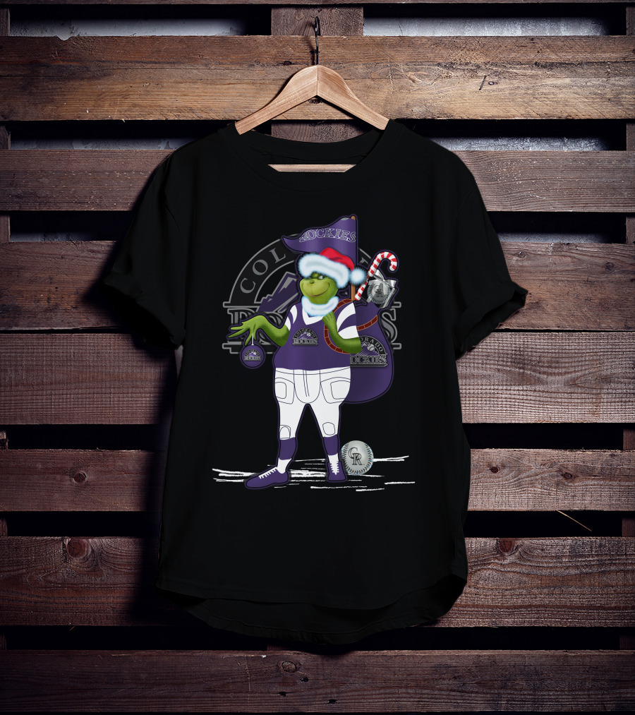 Grinchxmas Colorado Rockies Santa Grinch With Baseball Gear And Candy Cane T-Shirt