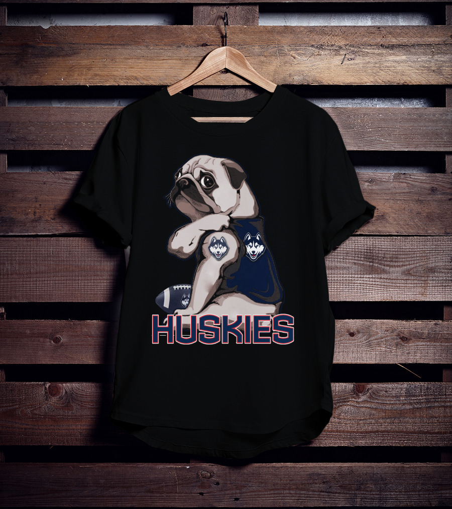 Pug With Connecticut Huskies Logo And Football T-Shirt