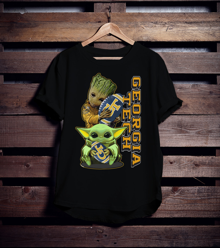 Grzd Georgia Tech Yellow Jackets Groot And Baby Yoda Football T-Shirt
