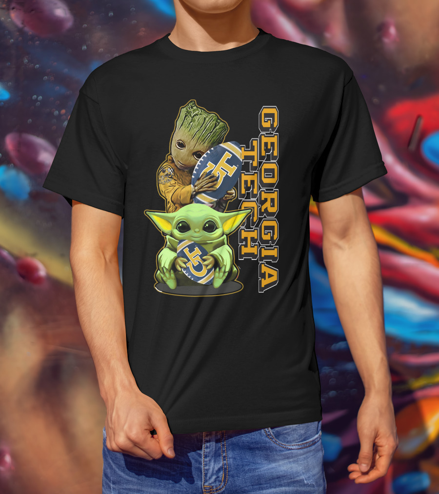 Grzd Georgia Tech Yellow Jackets Groot And Baby Yoda Football T-Shirt