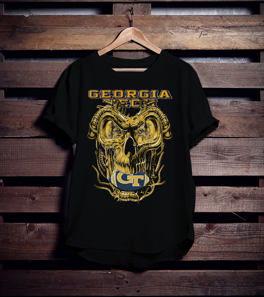 Georgia Tech Yellow Jackets Skull With GT Football And Mechanical Details T-Shirt