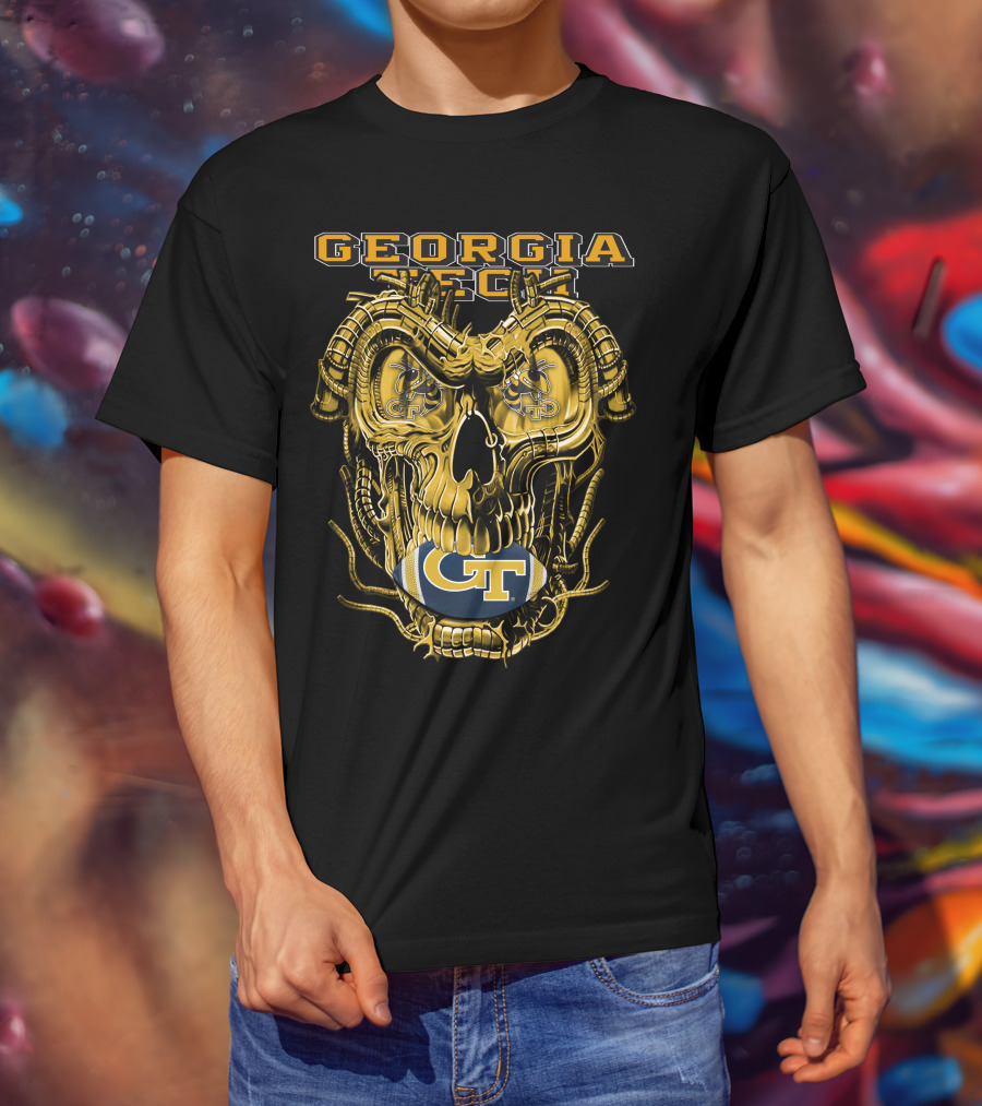 Georgia Tech Yellow Jackets Skull With GT Football And Mechanical Details T-Shirt