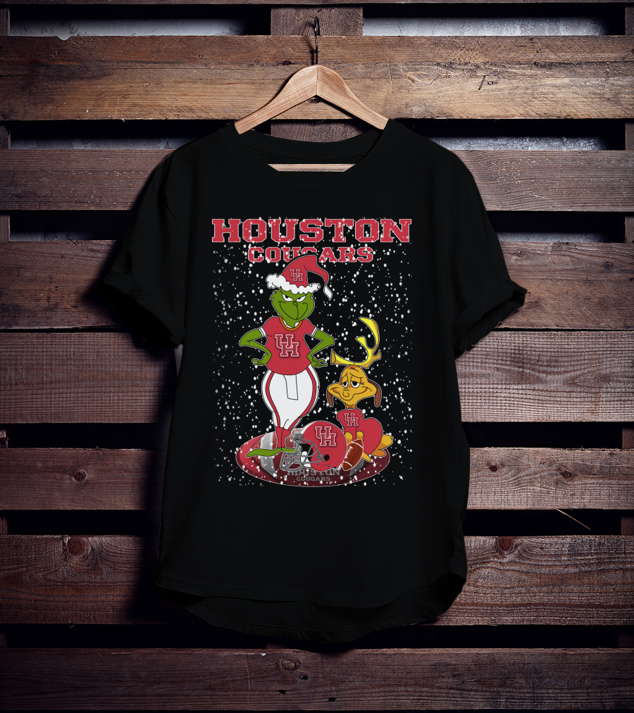 Houston Cougars Grinch Holiday Football Snow Scene T-Shirt