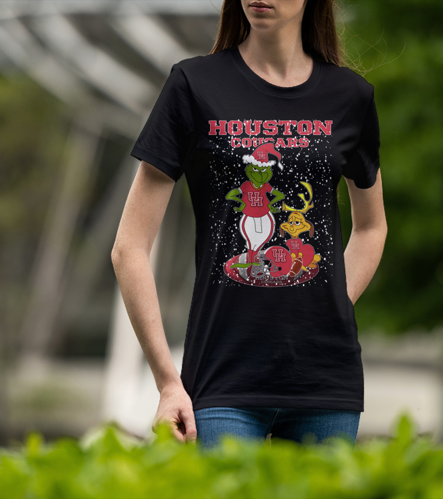 Houston Cougars Grinch Holiday Football Snow Scene T-Shirt
