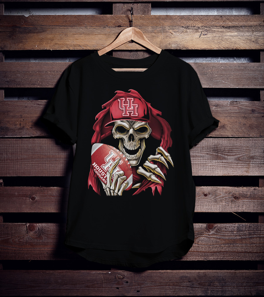 Skullbong Houston Cougars Skeleton Holding Football With UH T-Shirt